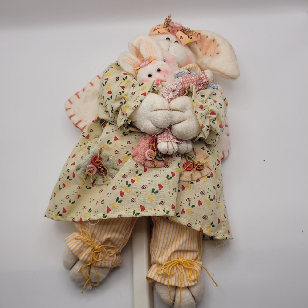 Vintage Primitive Mother and Baby Bunny Folk Art Plush Doll with Stand